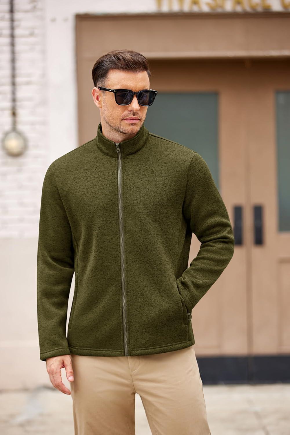 imageCOOFANDY Mens Fleece Jacket Zip Up Lightweight Sweater Jackets Casual Warm with Pockets for Home Office HikingArmy Green