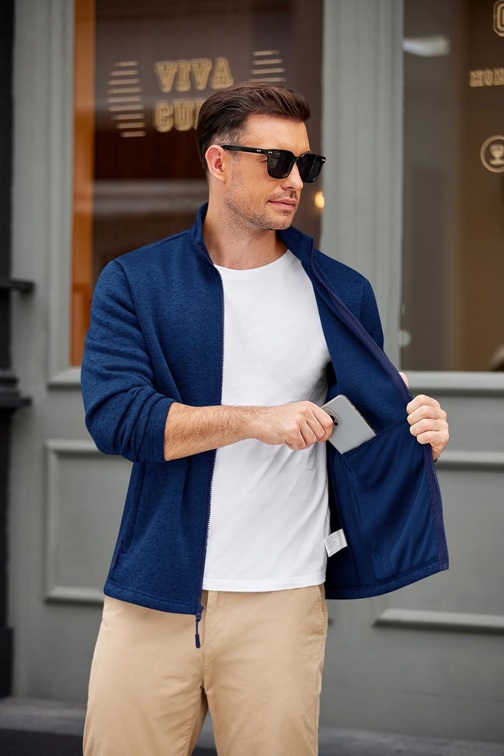 imageCOOFANDY Mens Fleece Jacket Zip Up Lightweight Sweater Jackets Casual Warm with Pockets for Home Office HikingBlue