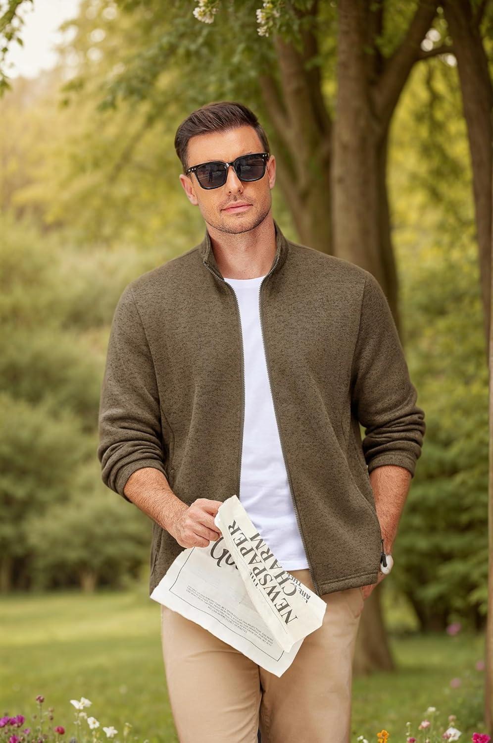 imageCOOFANDY Mens Fleece Jacket Zip Up Lightweight Sweater Jackets Casual Warm with Pockets for Home Office HikingBrown