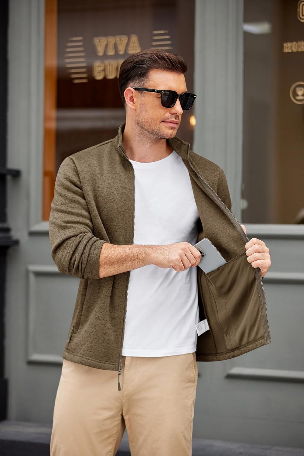 imageCOOFANDY Mens Fleece Jacket Zip Up Lightweight Sweater Jackets Casual Warm with Pockets for Home Office HikingBrown