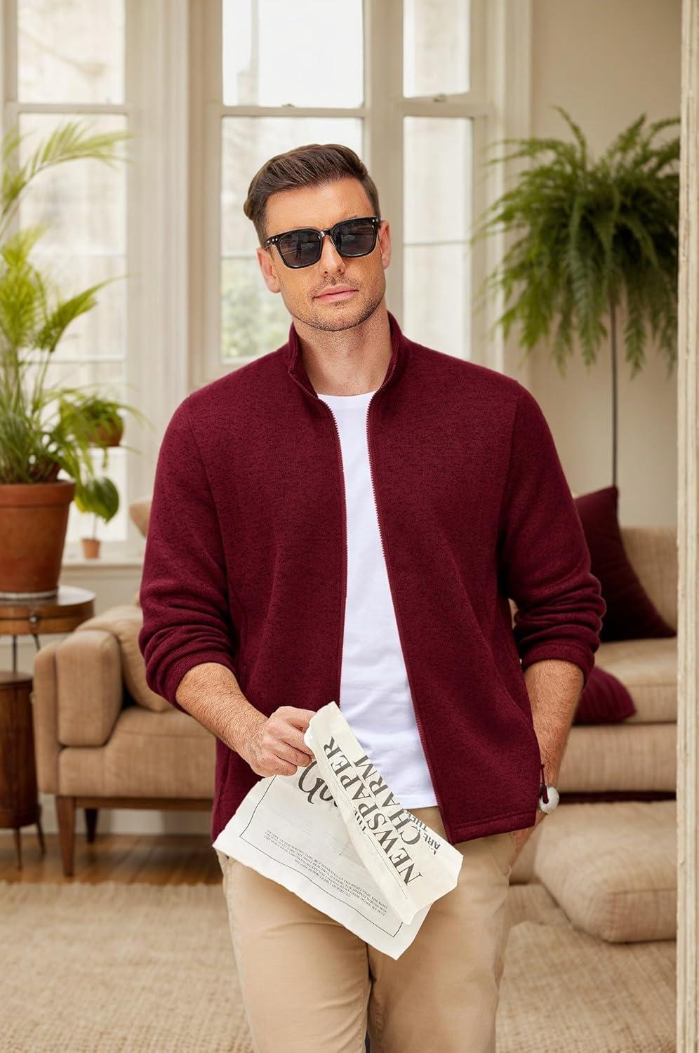 imageCOOFANDY Mens Fleece Jacket Zip Up Lightweight Sweater Jackets Casual Warm with Pockets for Home Office HikingRed