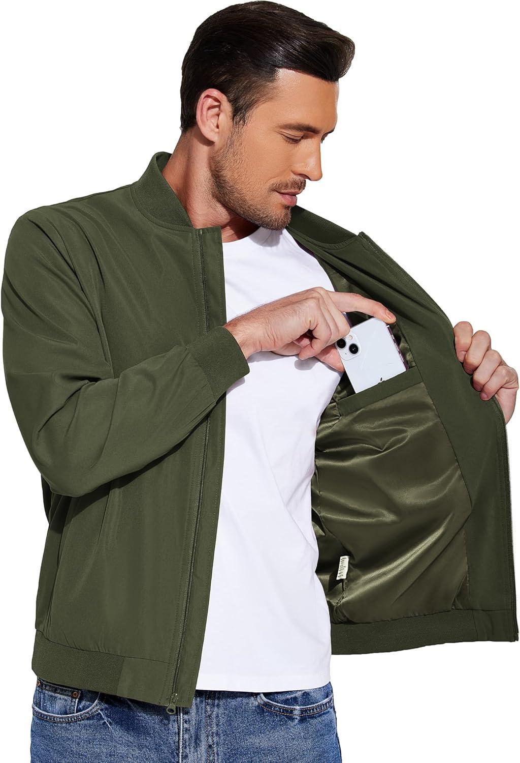 imageCOOFANDY Mens Lightweight Bomber Jackets Casual Spring Fall Windbreaker Jacket Light Zip Up Coat With PocketArmygreen