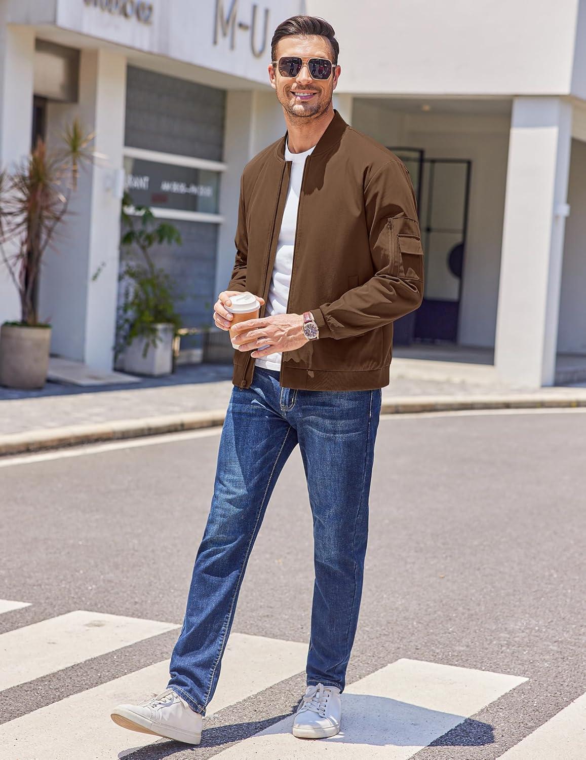 imageCOOFANDY Mens Lightweight Bomber Jackets Casual Spring Fall Windbreaker Jacket Light Zip Up Coat With PocketBrown