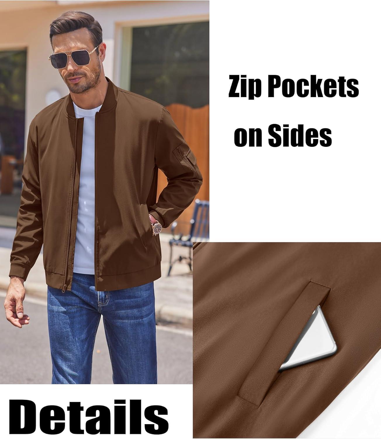 imageCOOFANDY Mens Lightweight Bomber Jackets Casual Spring Fall Windbreaker Jacket Light Zip Up Coat With PocketBrown
