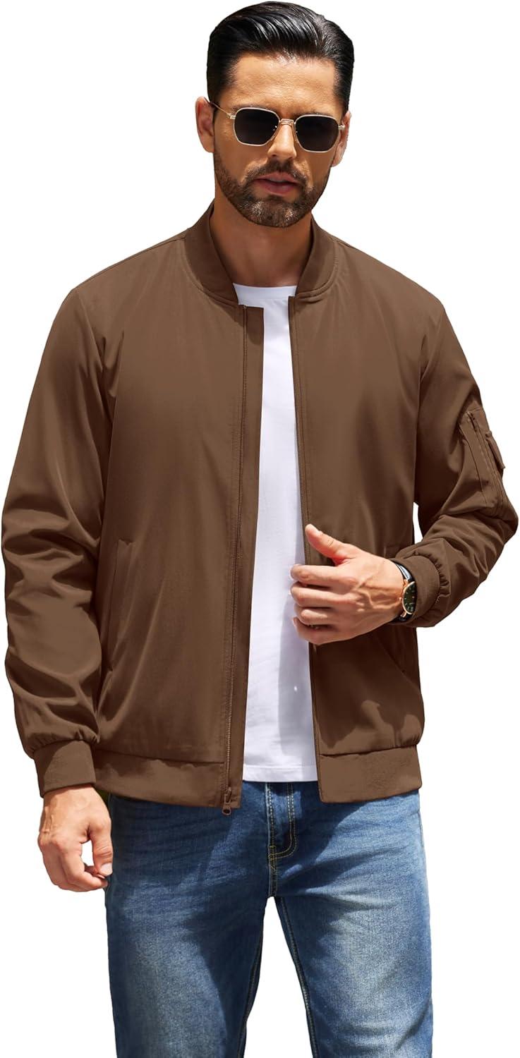 imageCOOFANDY Mens Lightweight Bomber Jackets Casual Spring Fall Windbreaker Jacket Light Zip Up Coat With PocketBrown
