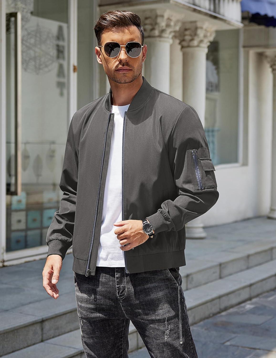 imageCOOFANDY Mens Lightweight Bomber Jackets Casual Spring Fall Windbreaker Jacket Light Zip Up Coat With PocketDeep Gray