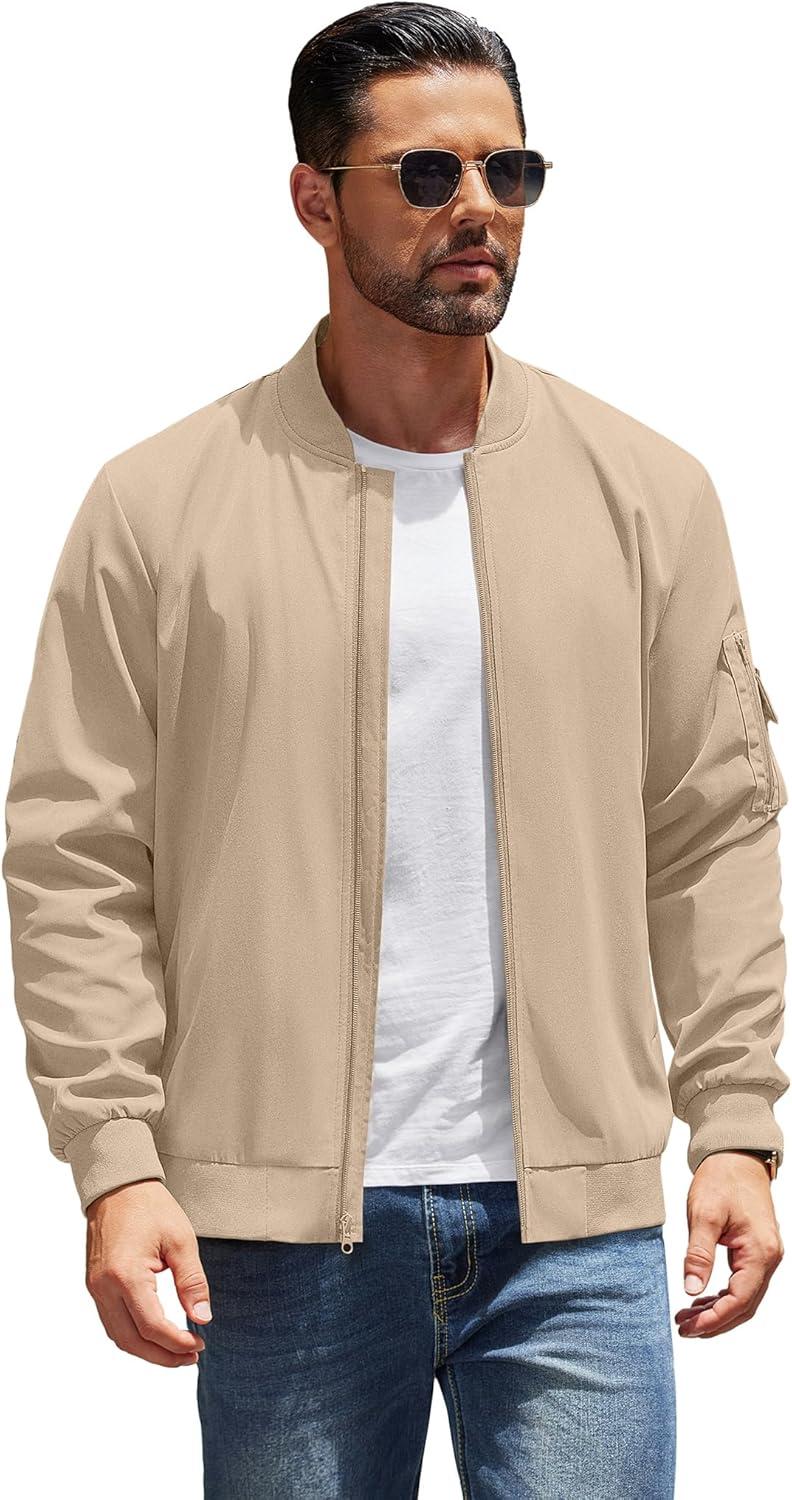 imageCOOFANDY Mens Lightweight Bomber Jackets Casual Spring Fall Windbreaker Jacket Light Zip Up Coat With PocketKhaki