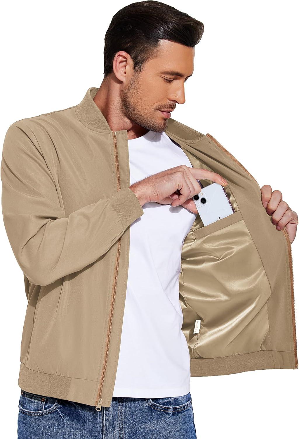imageCOOFANDY Mens Lightweight Bomber Jackets Casual Spring Fall Windbreaker Jacket Light Zip Up Coat With PocketKhaki