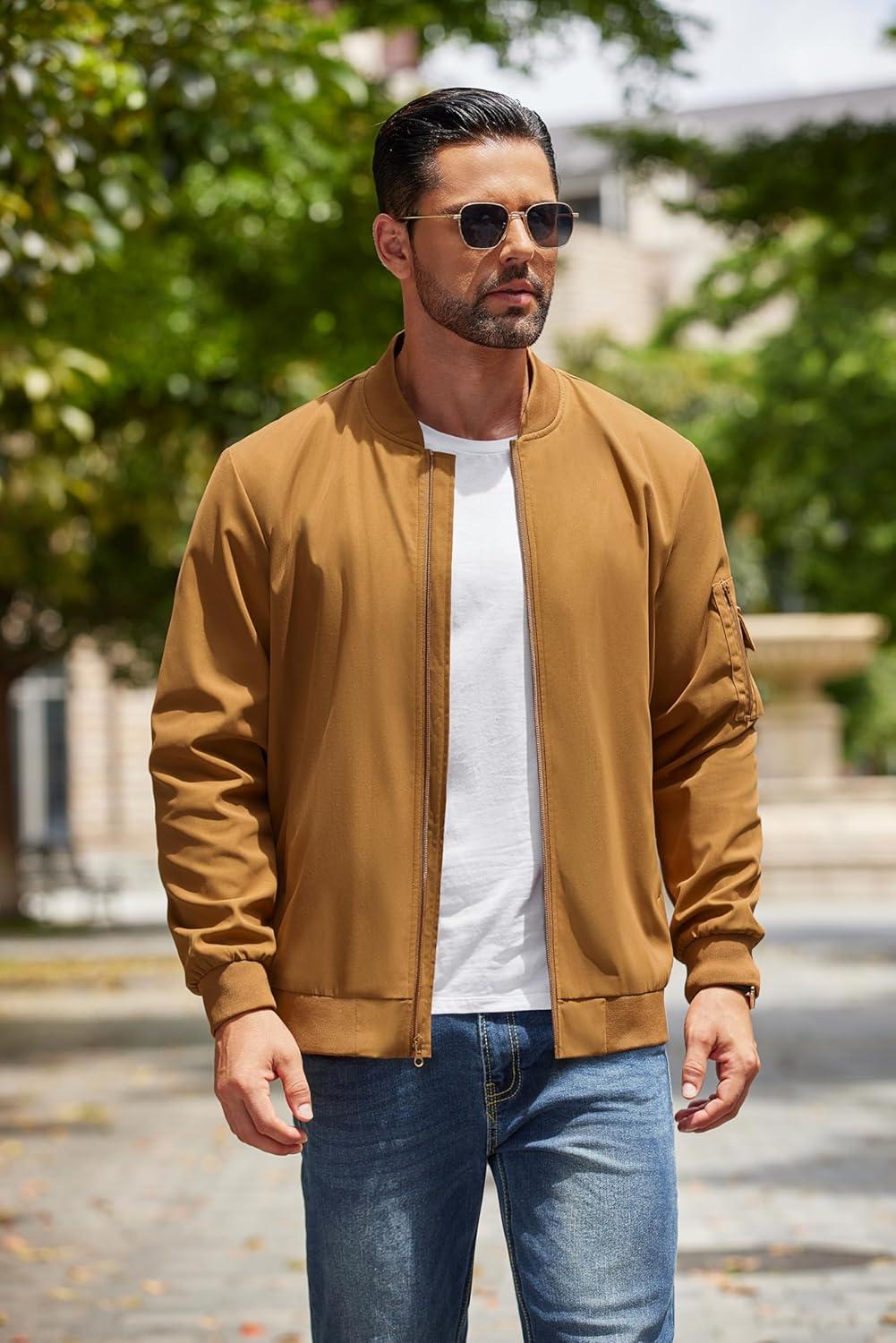 imageCOOFANDY Mens Lightweight Bomber Jackets Casual Spring Fall Windbreaker Jacket Light Zip Up Coat With PocketLight Brown