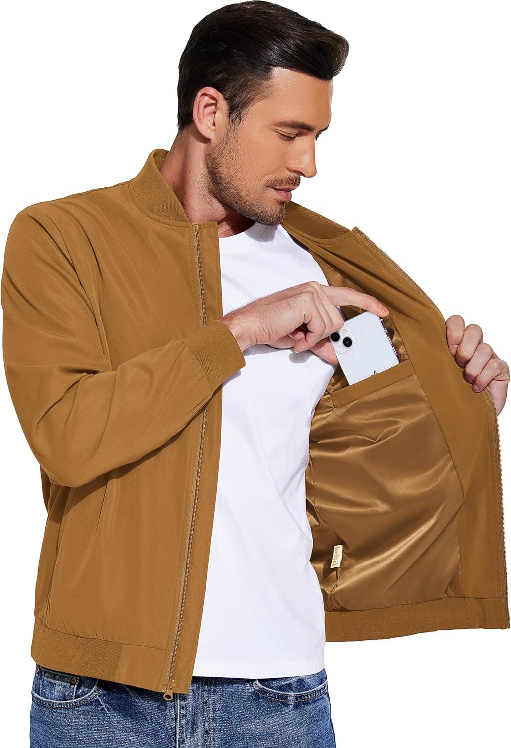 imageCOOFANDY Mens Lightweight Bomber Jackets Casual Spring Fall Windbreaker Jacket Light Zip Up Coat With PocketLight Brown