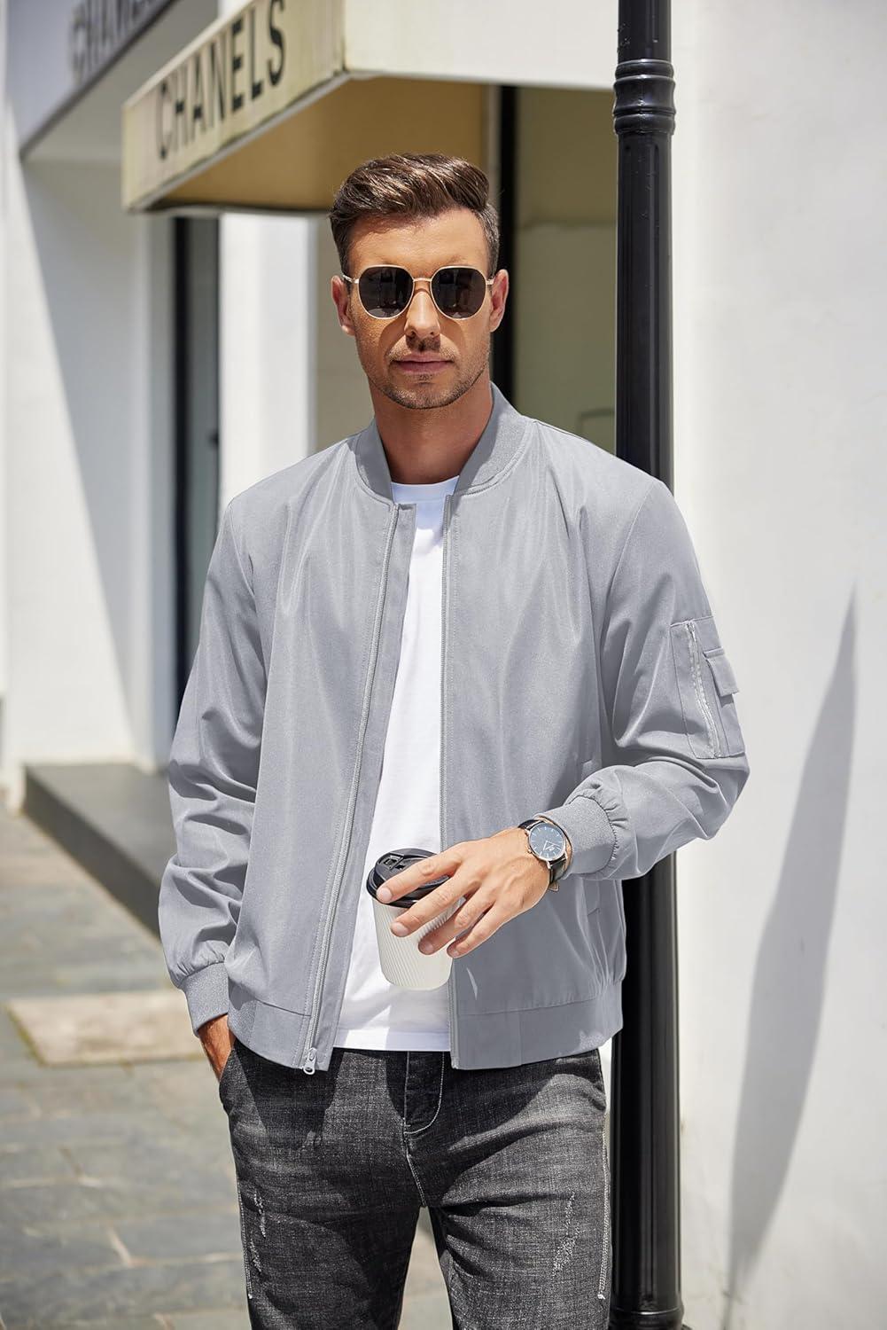 imageCOOFANDY Mens Lightweight Bomber Jackets Casual Spring Fall Windbreaker Jacket Light Zip Up Coat With PocketLight Gray