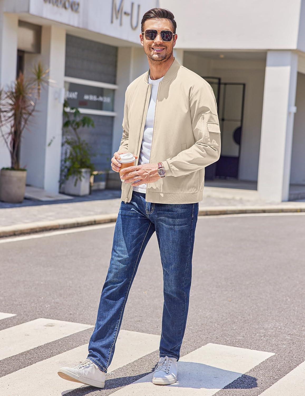 imageCOOFANDY Mens Lightweight Bomber Jackets Casual Spring Fall Windbreaker Jacket Light Zip Up Coat With PocketLight Khaki