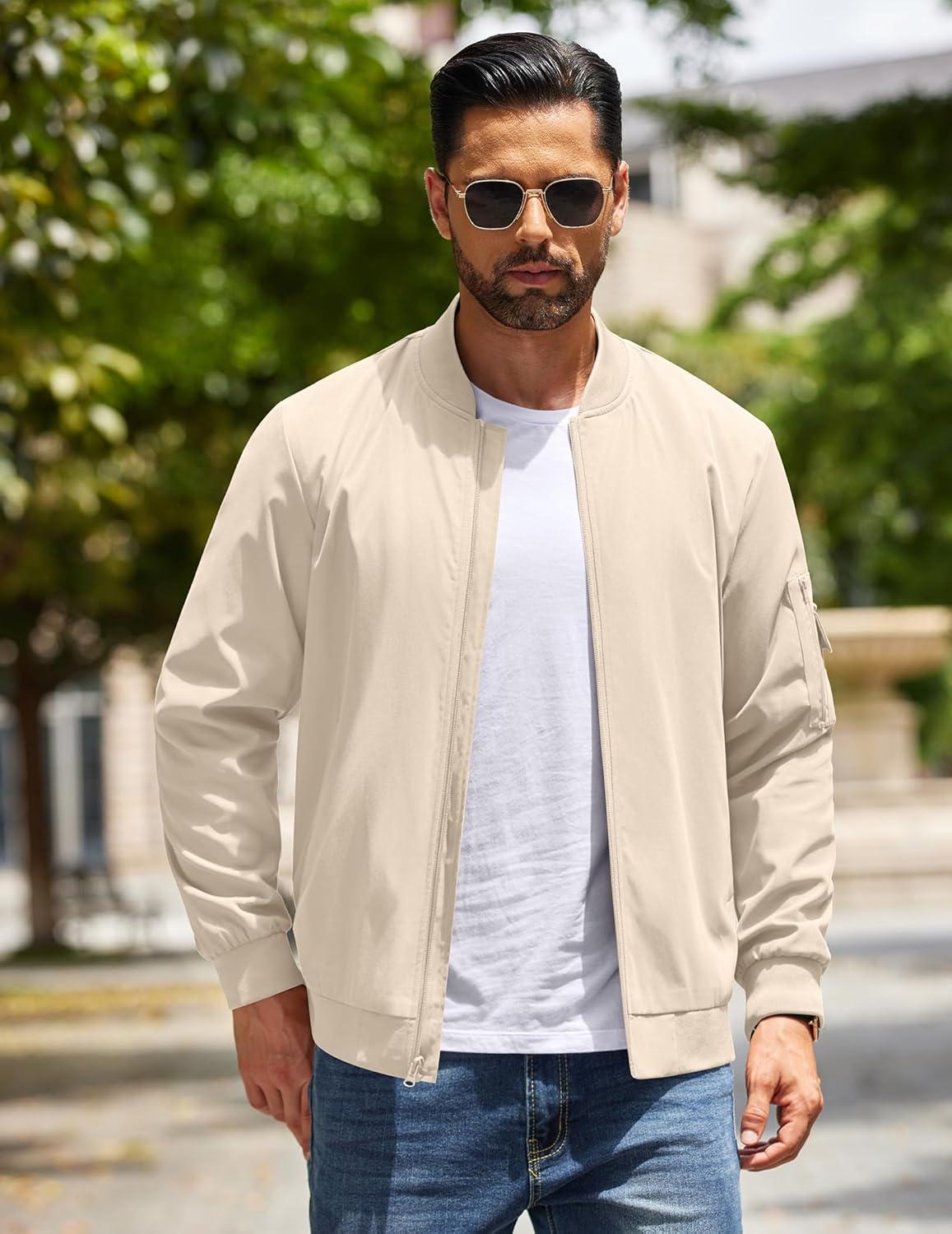 imageCOOFANDY Mens Lightweight Bomber Jackets Casual Spring Fall Windbreaker Jacket Light Zip Up Coat With PocketLight Khaki