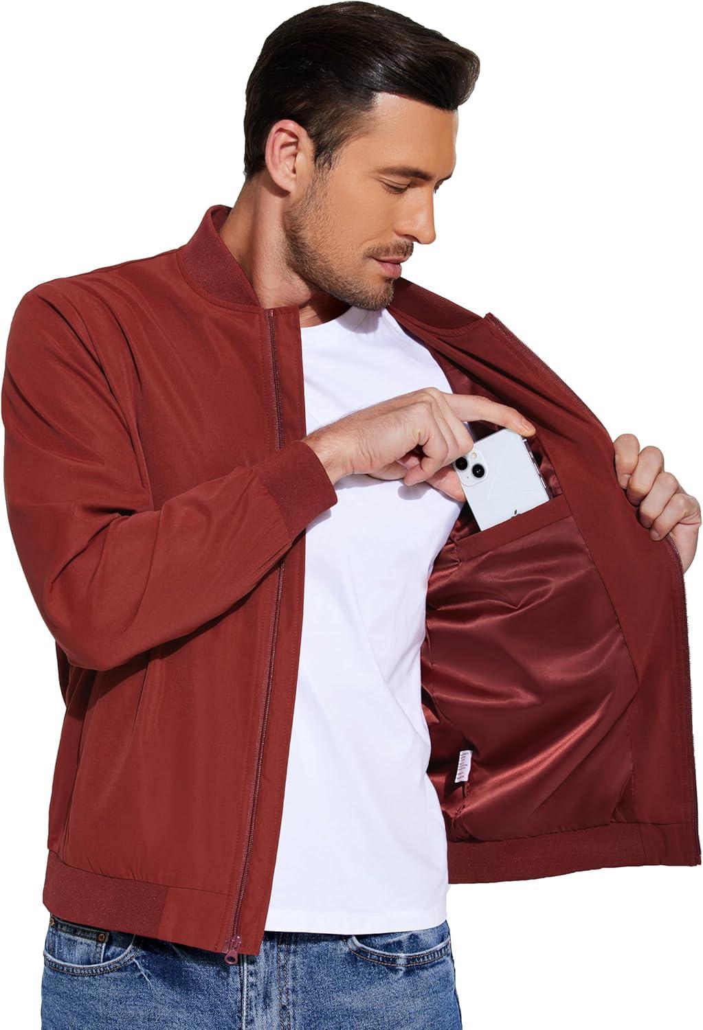 imageCOOFANDY Mens Lightweight Bomber Jackets Casual Spring Fall Windbreaker Jacket Light Zip Up Coat With PocketWine Red