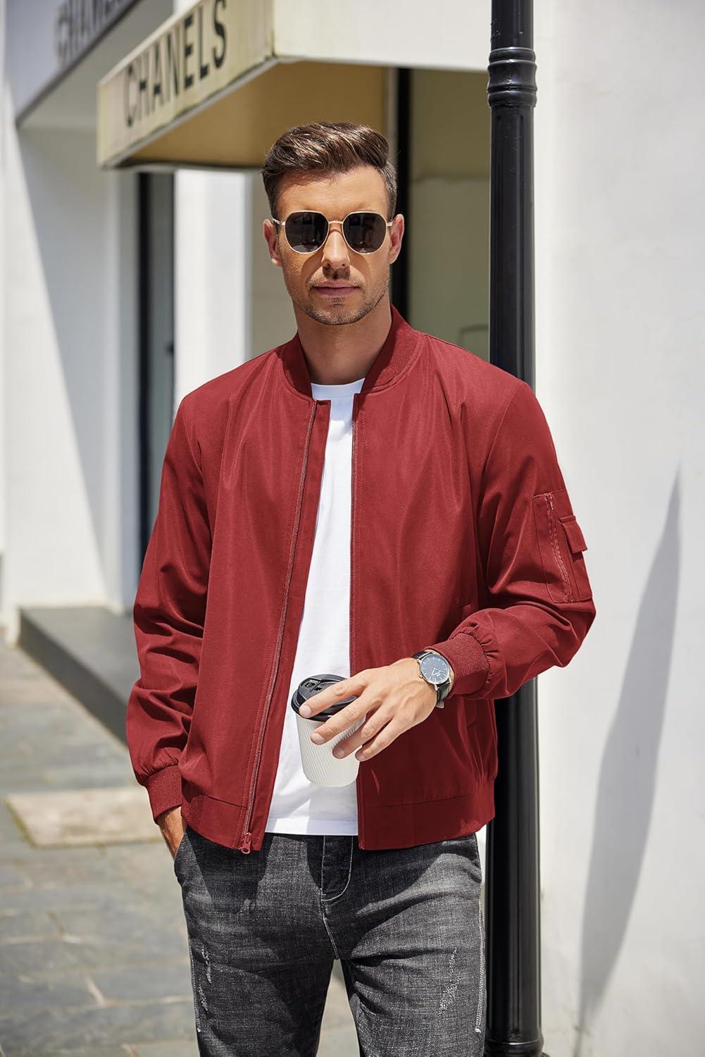 imageCOOFANDY Mens Lightweight Bomber Jackets Casual Spring Fall Windbreaker Jacket Light Zip Up Coat With PocketWine Red