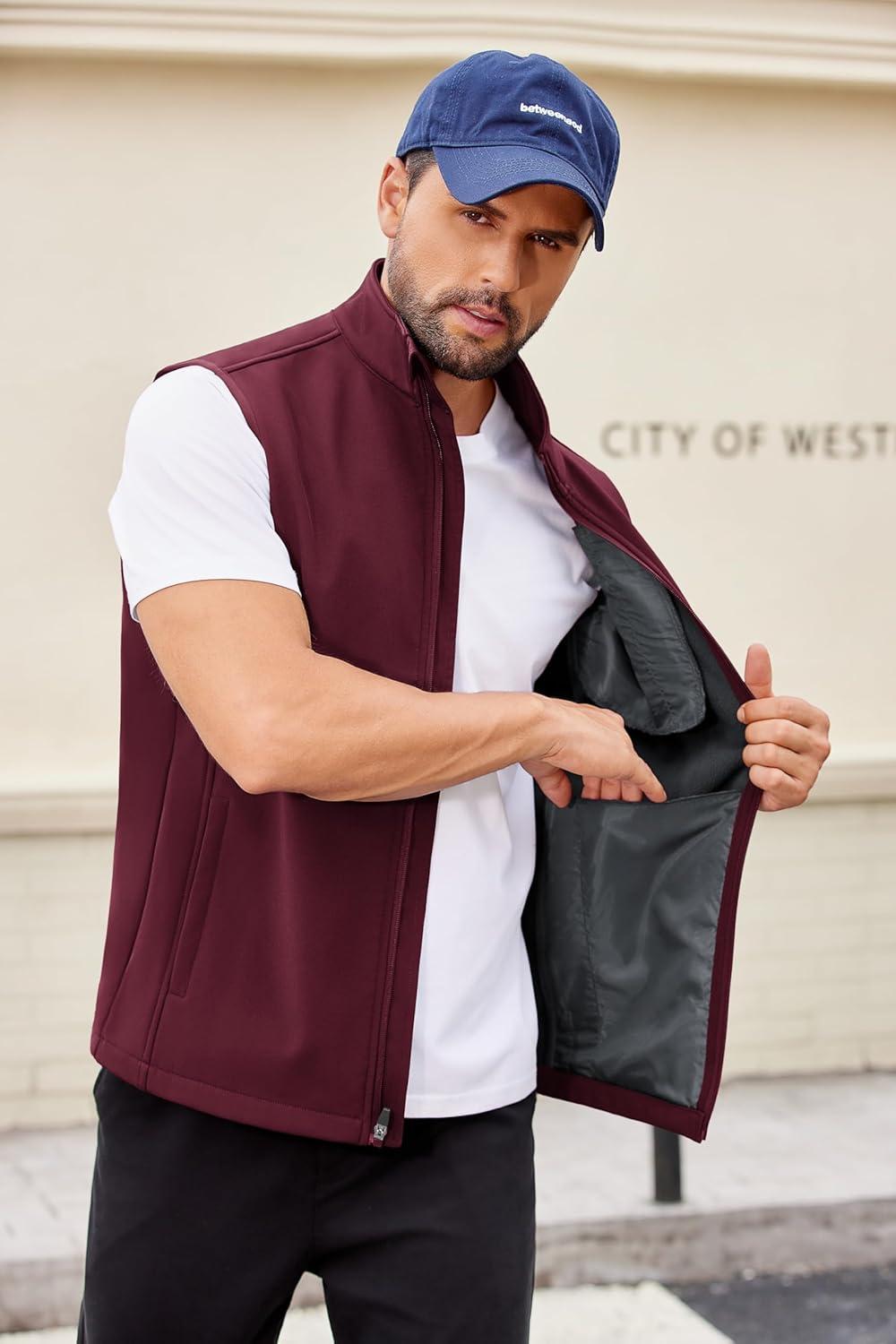 imageCOOFANDY Mens Lightweight Softshell Vest Windproof Sleeveless Jacket Zip Up Fleece Lined Vest Outerwear for Golf RunningRed