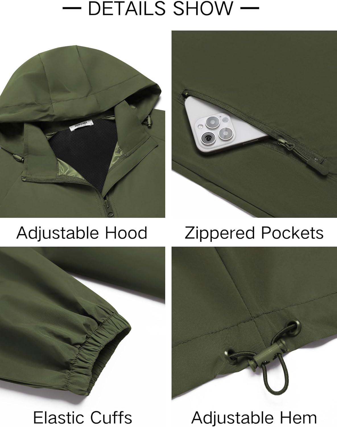 imageCOOFANDY Mens Rain Jacket Lightweight Waterproof Raincoat Packable Rain Shell Jacket With Hood Golf Hiking WindbreakerArmy Green