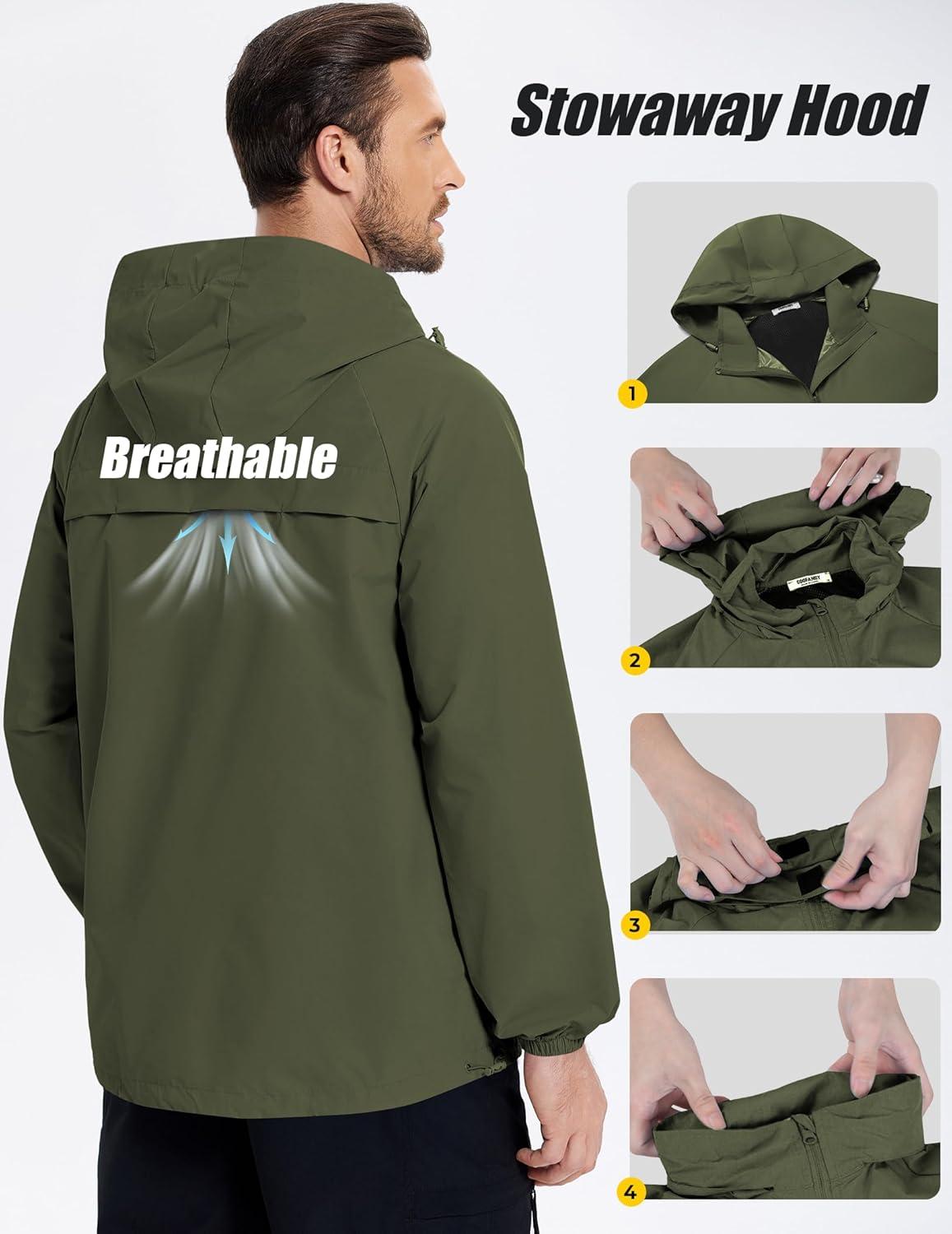 imageCOOFANDY Mens Rain Jacket Lightweight Waterproof Raincoat Packable Rain Shell Jacket With Hood Golf Hiking WindbreakerArmy Green
