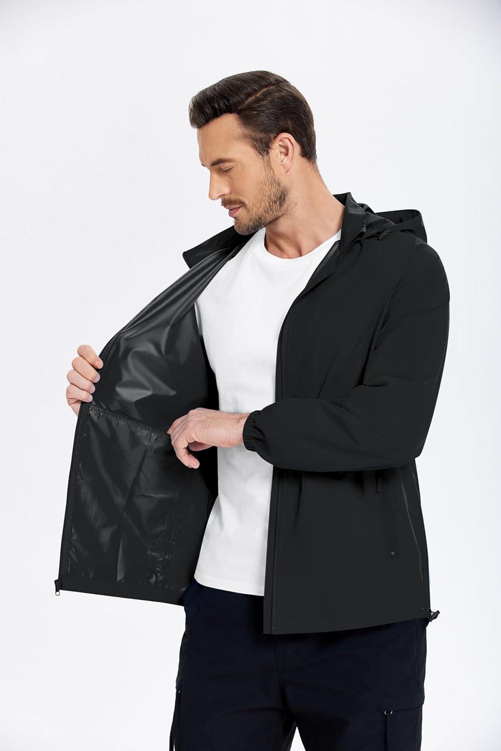 imageCOOFANDY Mens Rain Jacket Lightweight Waterproof Raincoat Packable Rain Shell Jacket With Hood Golf Hiking WindbreakerBlack
