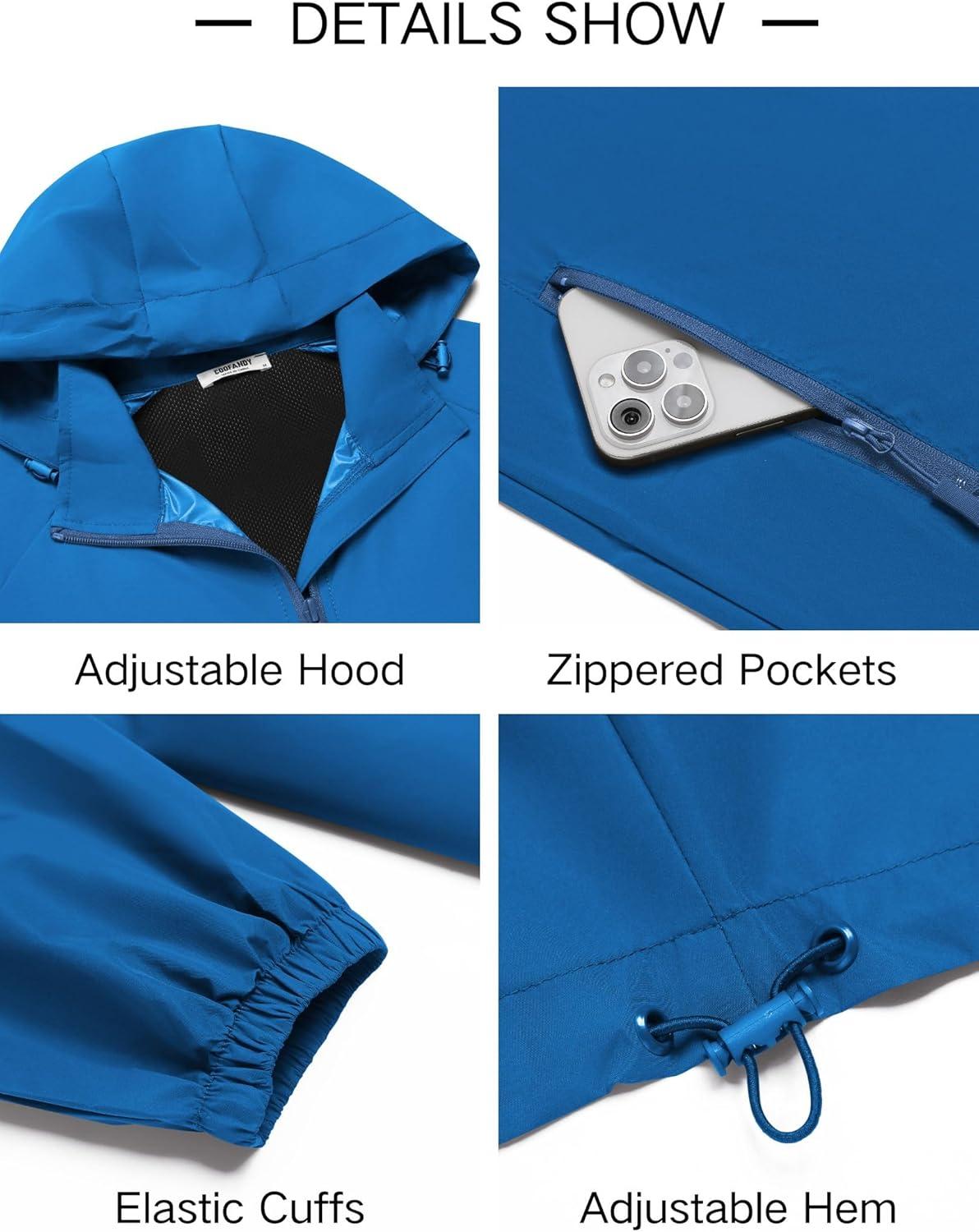 imageCOOFANDY Mens Rain Jacket Lightweight Waterproof Raincoat Packable Rain Shell Jacket With Hood Golf Hiking WindbreakerBlue