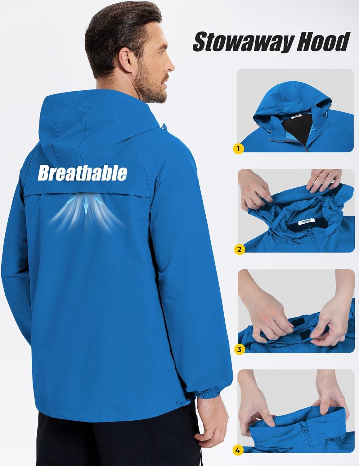 imageCOOFANDY Mens Rain Jacket Lightweight Waterproof Raincoat Packable Rain Shell Jacket With Hood Golf Hiking WindbreakerBlue