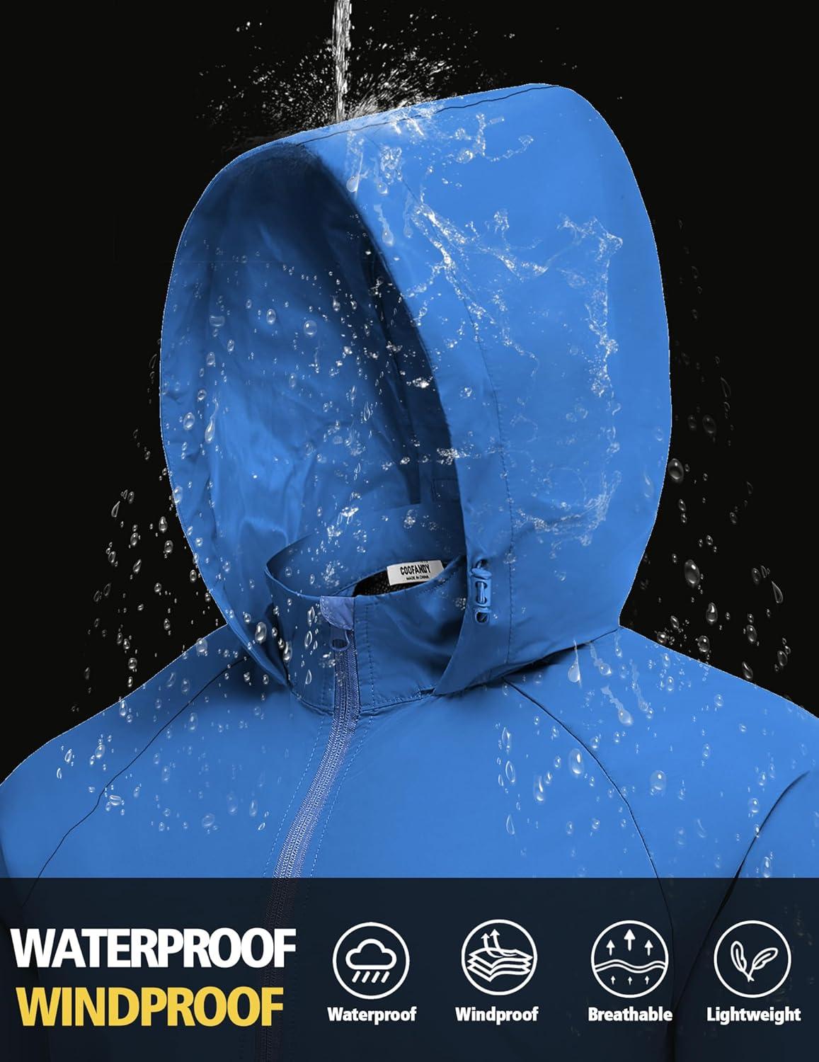 imageCOOFANDY Mens Rain Jacket Lightweight Waterproof Raincoat Packable Rain Shell Jacket With Hood Golf Hiking WindbreakerBlue