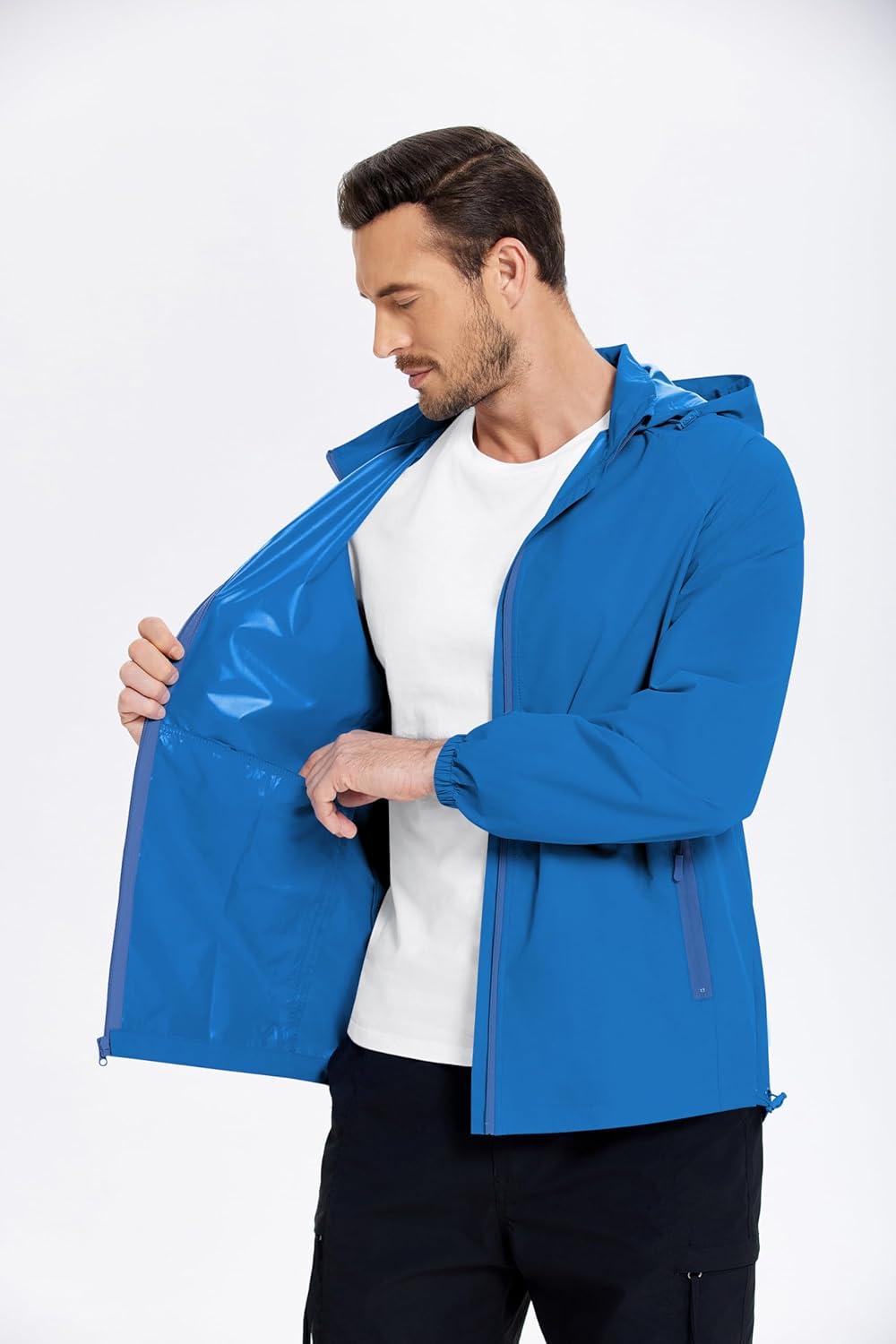 imageCOOFANDY Mens Rain Jacket Lightweight Waterproof Raincoat Packable Rain Shell Jacket With Hood Golf Hiking WindbreakerBlue