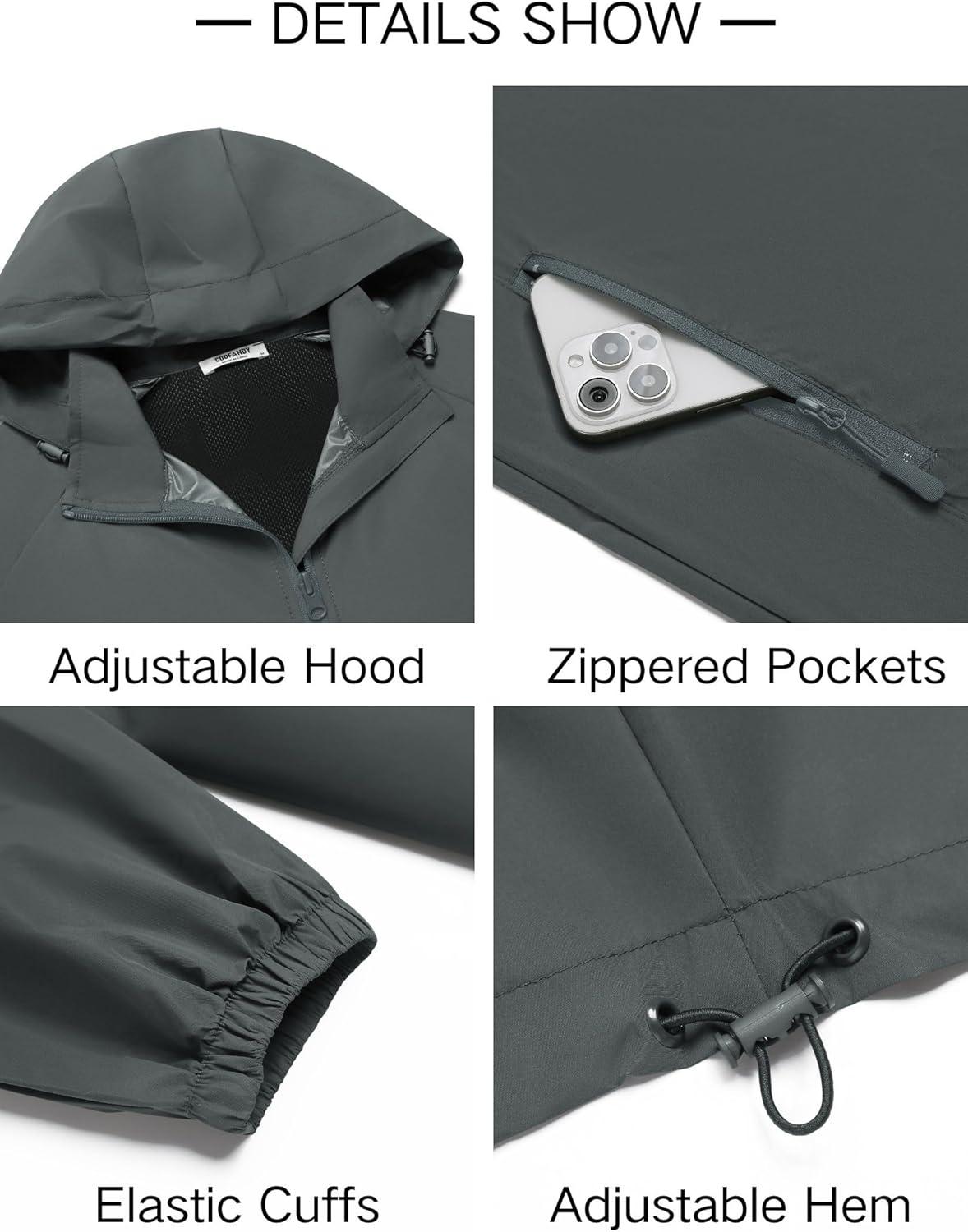 imageCOOFANDY Mens Rain Jacket Lightweight Waterproof Raincoat Packable Rain Shell Jacket With Hood Golf Hiking WindbreakerDeep Gray