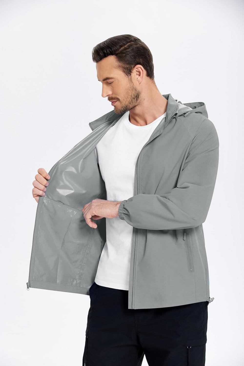 imageCOOFANDY Mens Rain Jacket Lightweight Waterproof Raincoat Packable Rain Shell Jacket With Hood Golf Hiking WindbreakerLight Grey