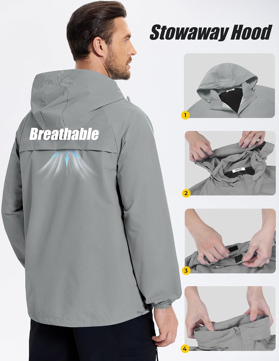 imageCOOFANDY Mens Rain Jacket Lightweight Waterproof Raincoat Packable Rain Shell Jacket With Hood Golf Hiking WindbreakerLight Grey