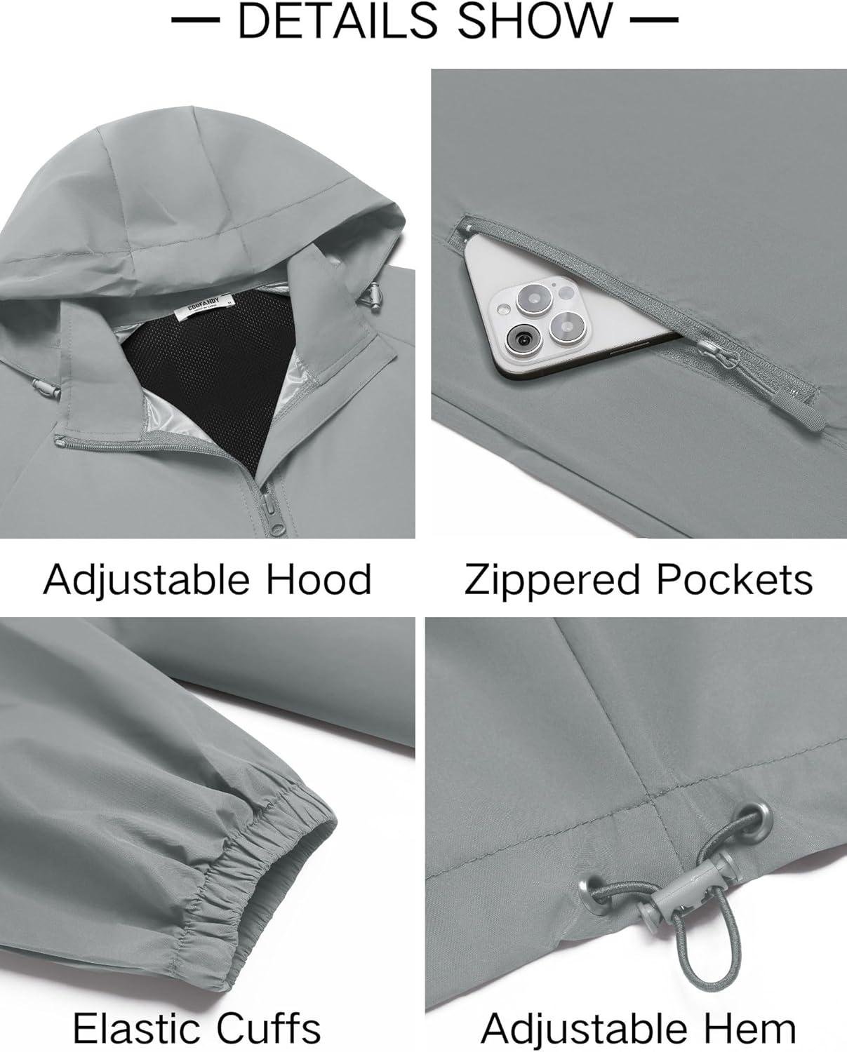 imageCOOFANDY Mens Rain Jacket Lightweight Waterproof Raincoat Packable Rain Shell Jacket With Hood Golf Hiking WindbreakerLight Grey