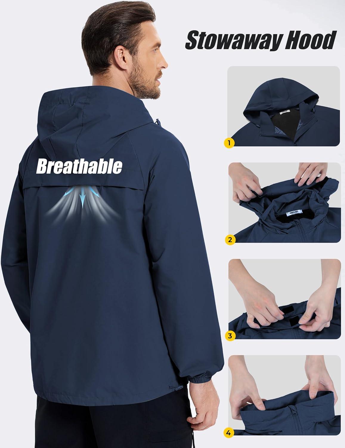 imageCOOFANDY Mens Rain Jacket Lightweight Waterproof Raincoat Packable Rain Shell Jacket With Hood Golf Hiking WindbreakerNavy Blue