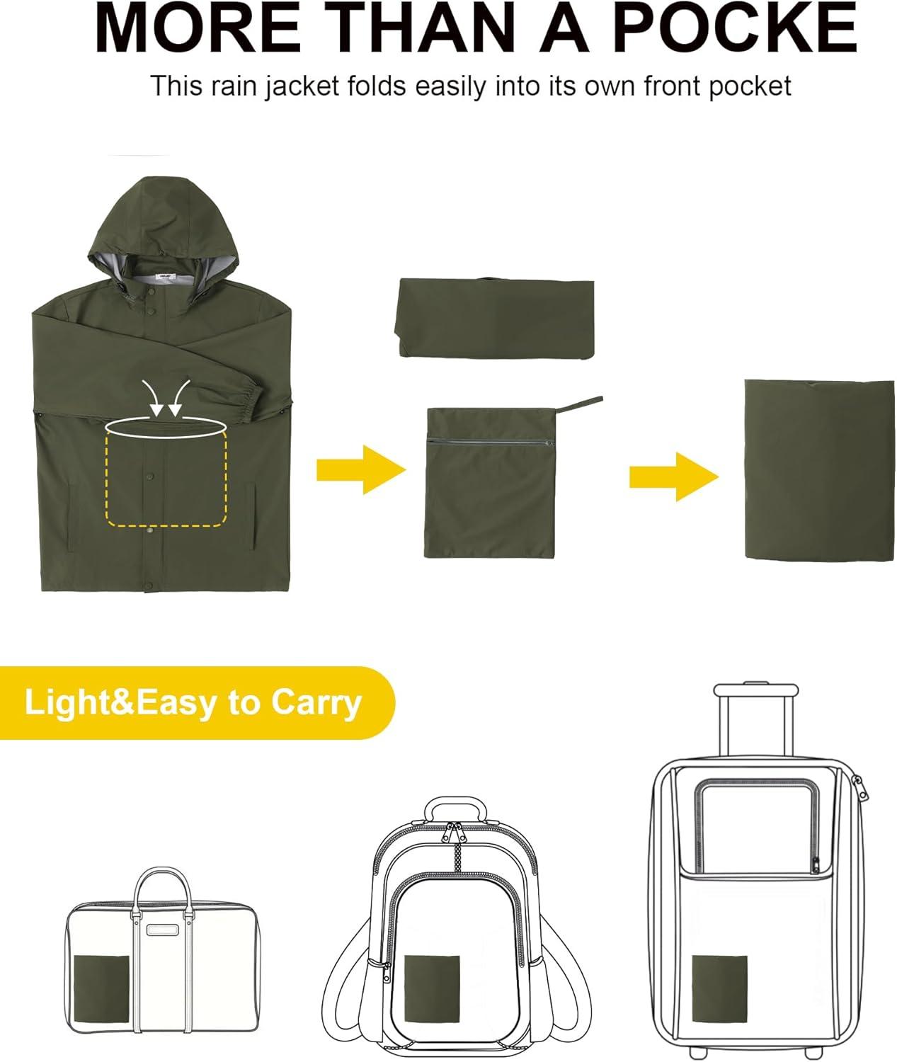imageCOOFANDY Mens Rain Jacket Waterproof Packable Raincoat Lightweight Rain Shell Hood Travel Golf Hiking Cycling Zip PocketsArmy Green