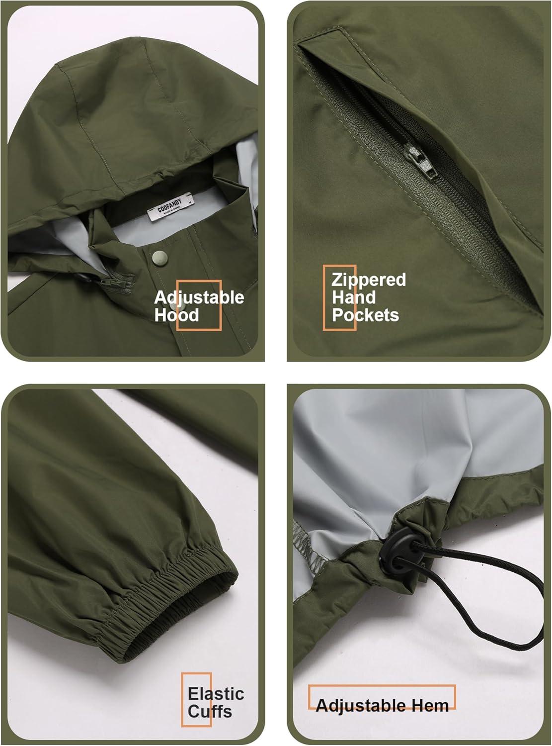 imageCOOFANDY Mens Rain Jacket Waterproof Packable Raincoat Lightweight Rain Shell Hood Travel Golf Hiking Cycling Zip PocketsArmy Green