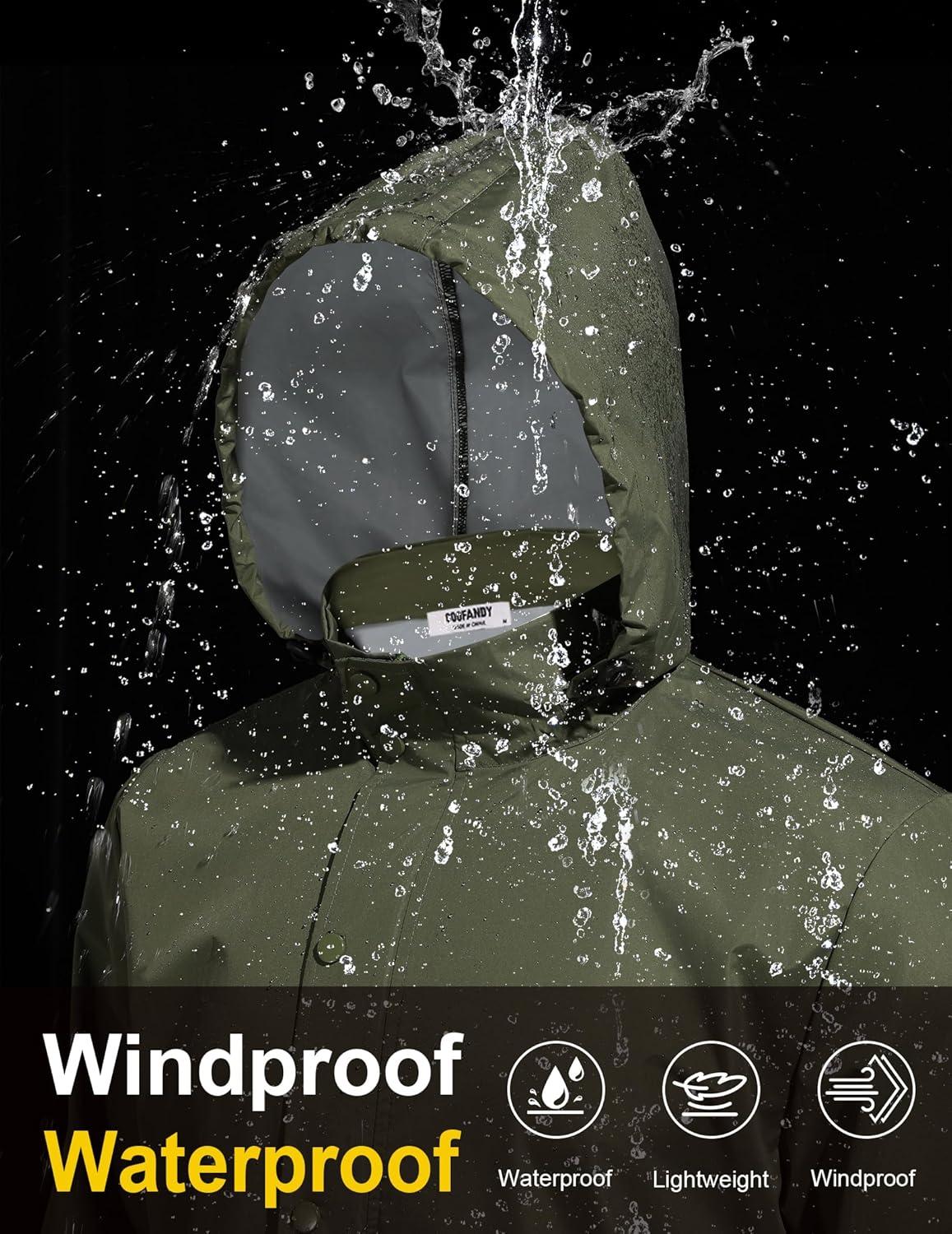 imageCOOFANDY Mens Rain Jacket Waterproof Packable Raincoat Lightweight Rain Shell Hood Travel Golf Hiking Cycling Zip PocketsArmy Green