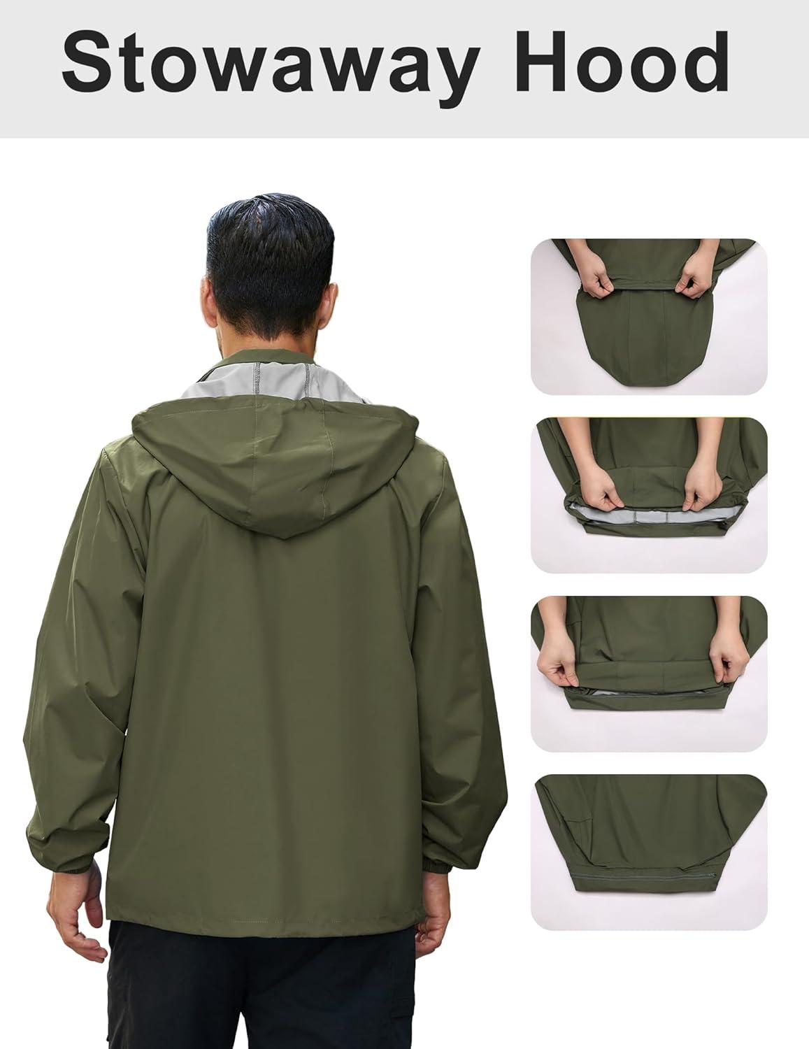 imageCOOFANDY Mens Rain Jacket Waterproof Packable Raincoat Lightweight Rain Shell Hood Travel Golf Hiking Cycling Zip PocketsArmy Green