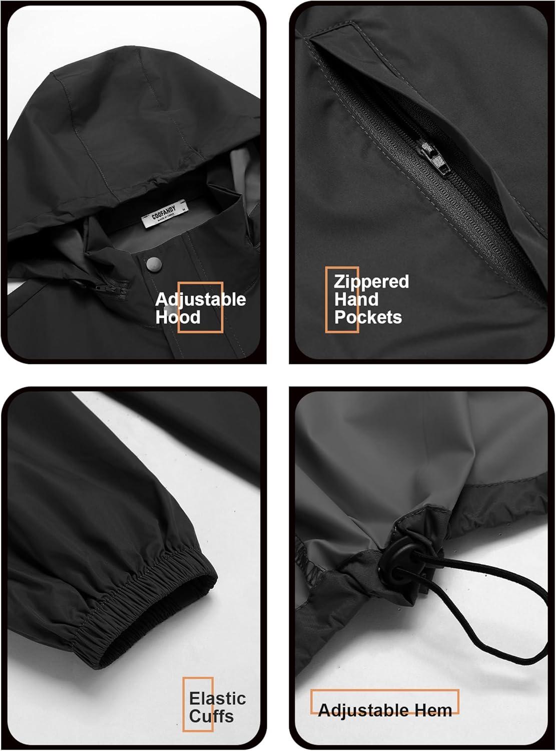 imageCOOFANDY Mens Rain Jacket Waterproof Packable Raincoat Lightweight Rain Shell Hood Travel Golf Hiking Cycling Zip PocketsBlack
