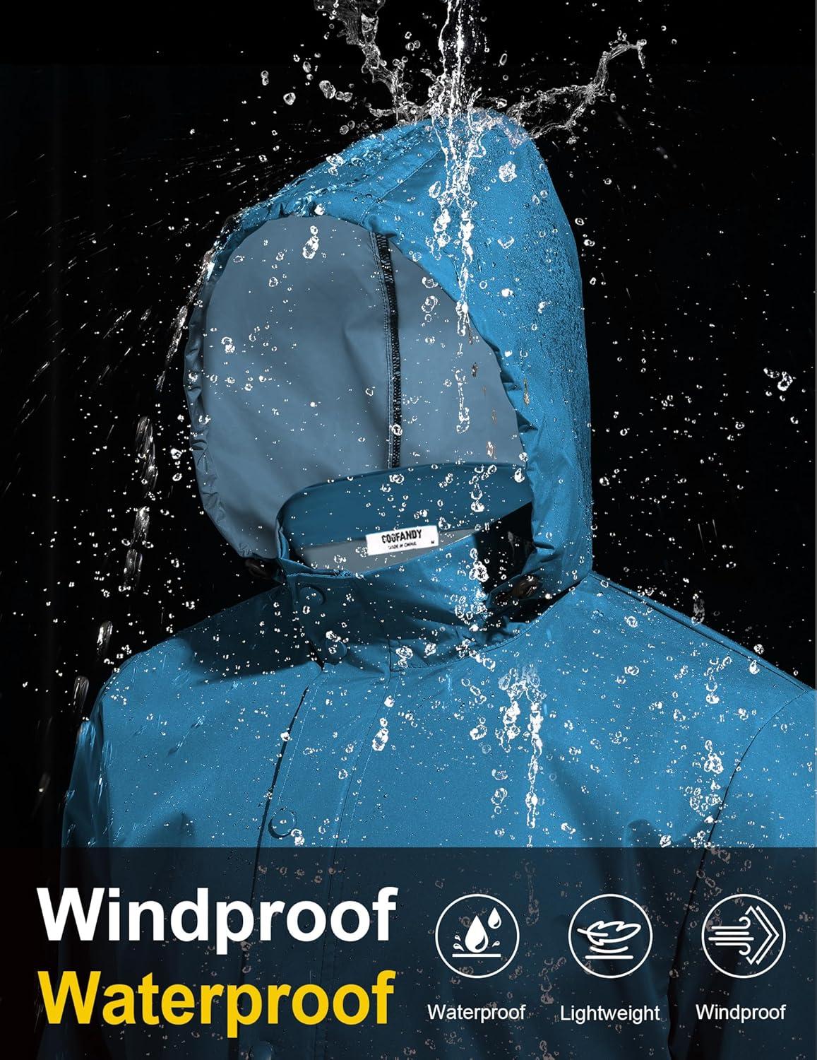 imageCOOFANDY Mens Rain Jacket Waterproof Packable Raincoat Lightweight Rain Shell Hood Travel Golf Hiking Cycling Zip PocketsBlue