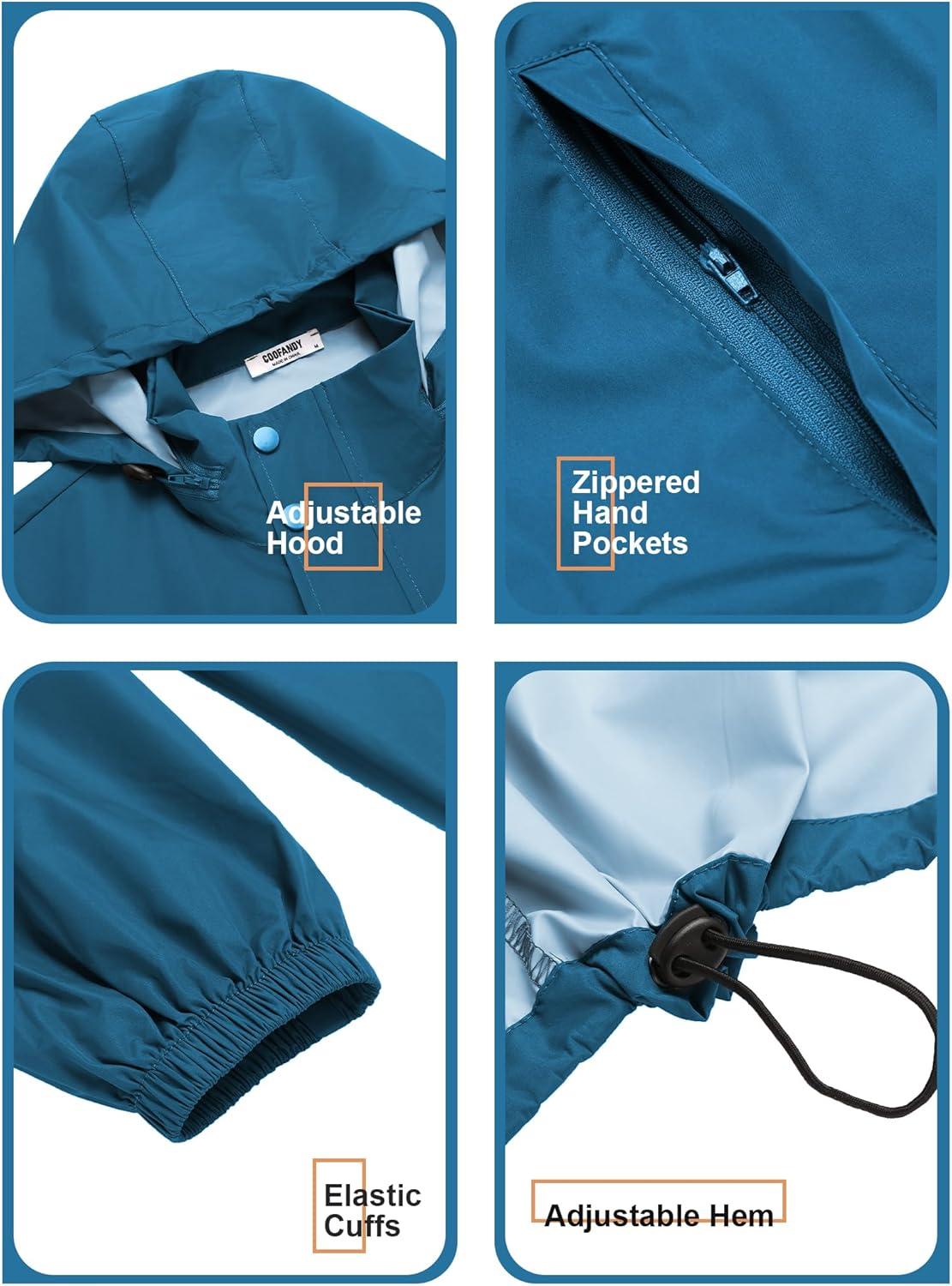 imageCOOFANDY Mens Rain Jacket Waterproof Packable Raincoat Lightweight Rain Shell Hood Travel Golf Hiking Cycling Zip PocketsBlue
