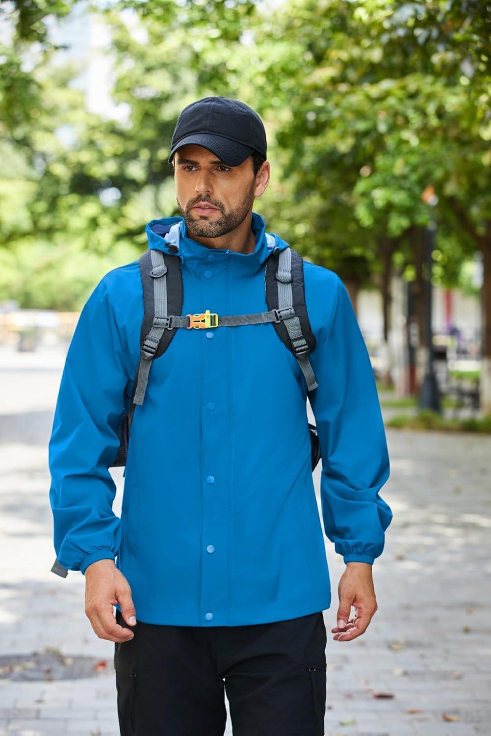imageCOOFANDY Mens Rain Jacket Waterproof Packable Raincoat Lightweight Rain Shell Hood Travel Golf Hiking Cycling Zip PocketsBright Blue