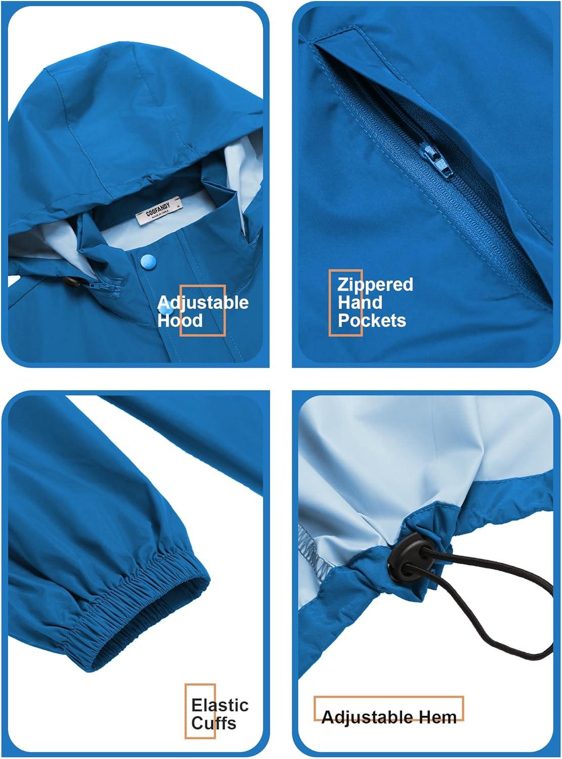 imageCOOFANDY Mens Rain Jacket Waterproof Packable Raincoat Lightweight Rain Shell Hood Travel Golf Hiking Cycling Zip PocketsBright Blue