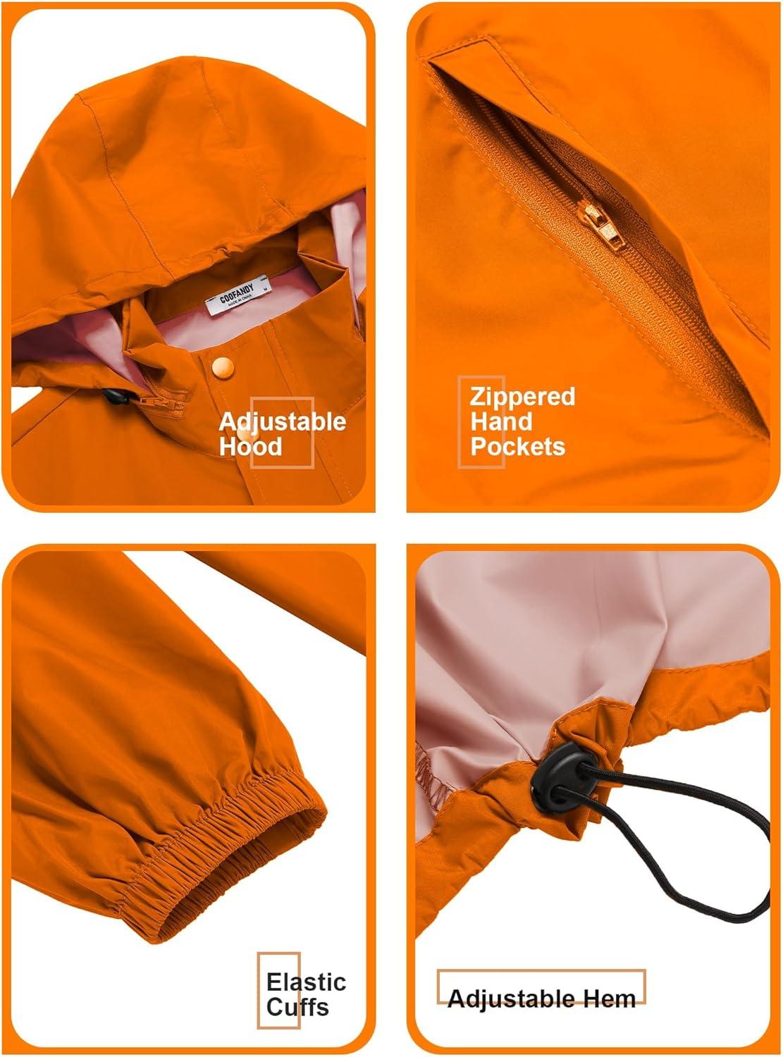 imageCOOFANDY Mens Rain Jacket Waterproof Packable Raincoat Lightweight Rain Shell Hood Travel Golf Hiking Cycling Zip PocketsOrange