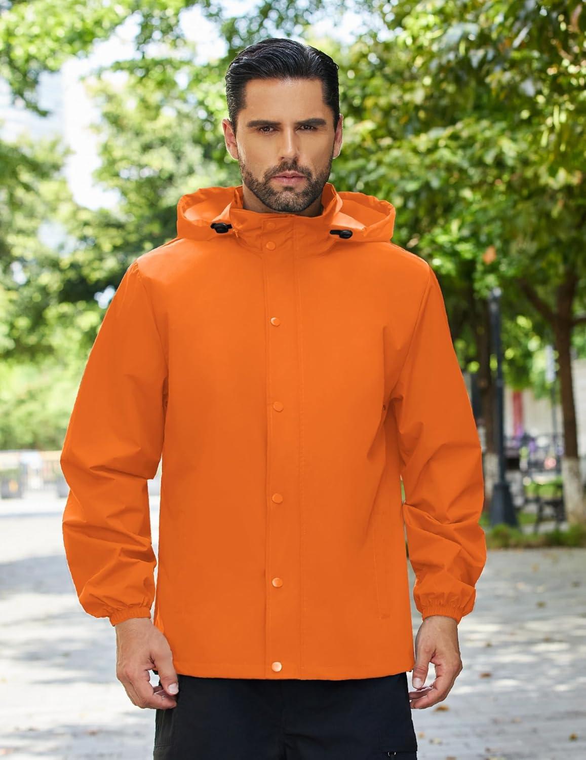 imageCOOFANDY Mens Rain Jacket Waterproof Packable Raincoat Lightweight Rain Shell Hood Travel Golf Hiking Cycling Zip PocketsOrange