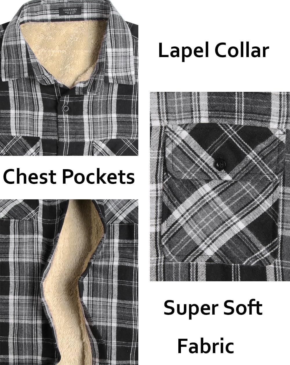 imageCOOFANDY Mens Sherpa Lined Flannel Shirt Jacket Long Sleeve Button Up Fleece Plaid ShirtsBlack