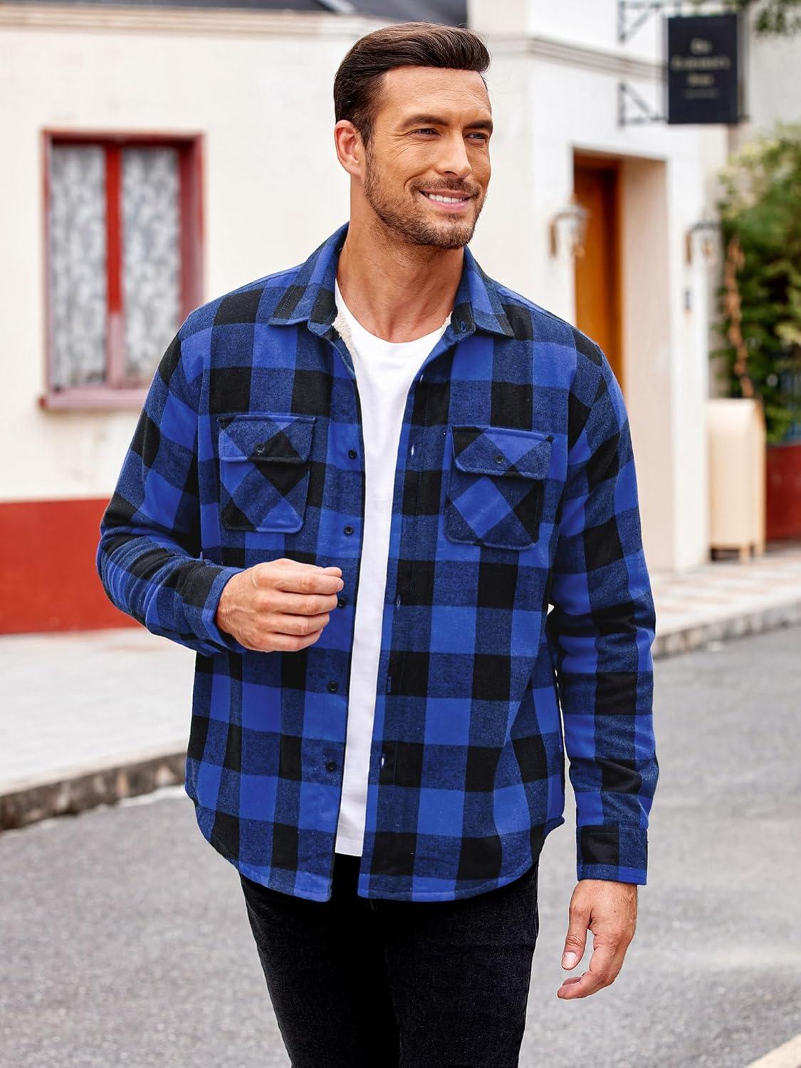 imageCOOFANDY Mens Sherpa Lined Flannel Shirt Jacket Long Sleeve Button Up Fleece Plaid ShirtsBlueBlack