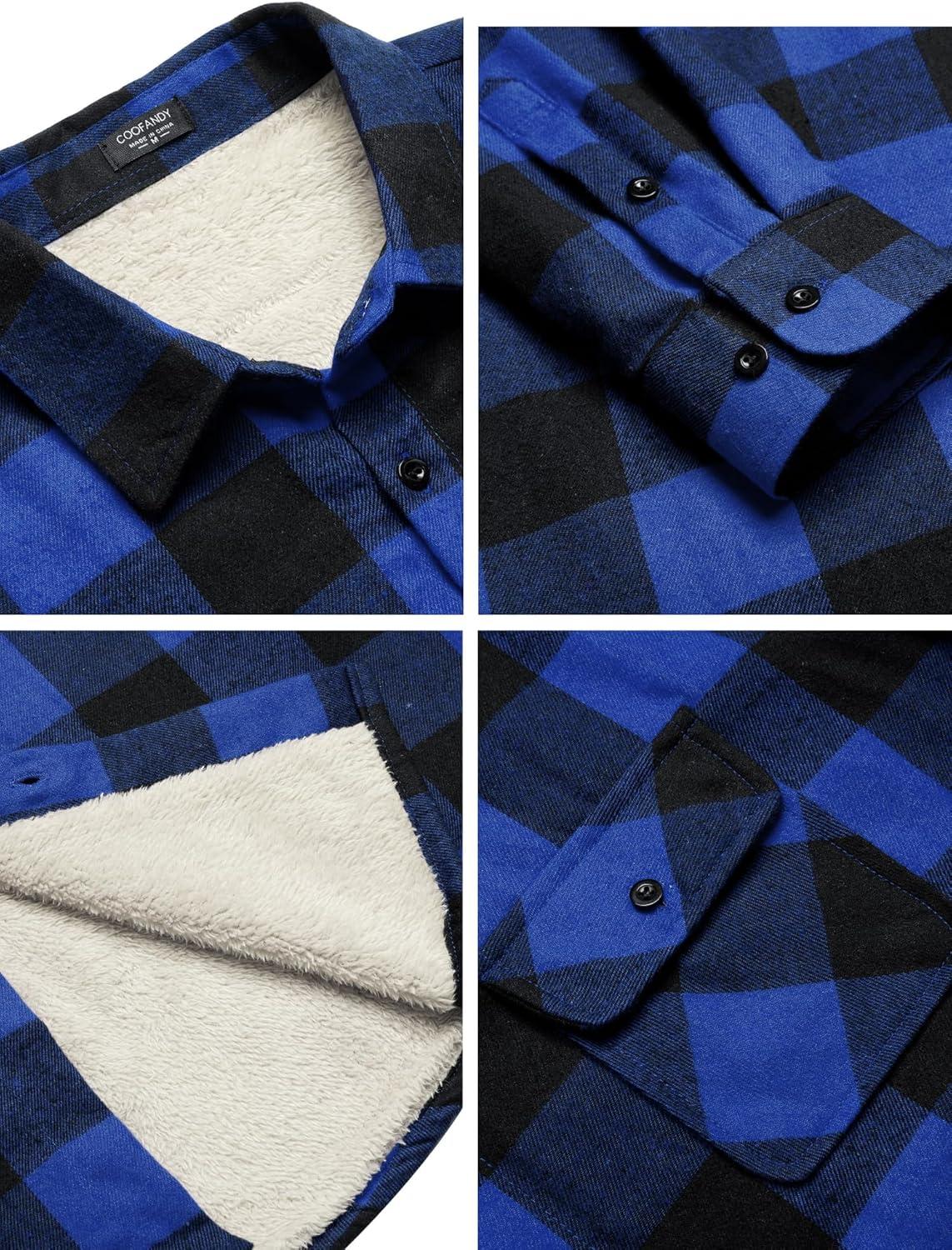 imageCOOFANDY Mens Sherpa Lined Flannel Shirt Jacket Long Sleeve Button Up Fleece Plaid ShirtsBlueBlack
