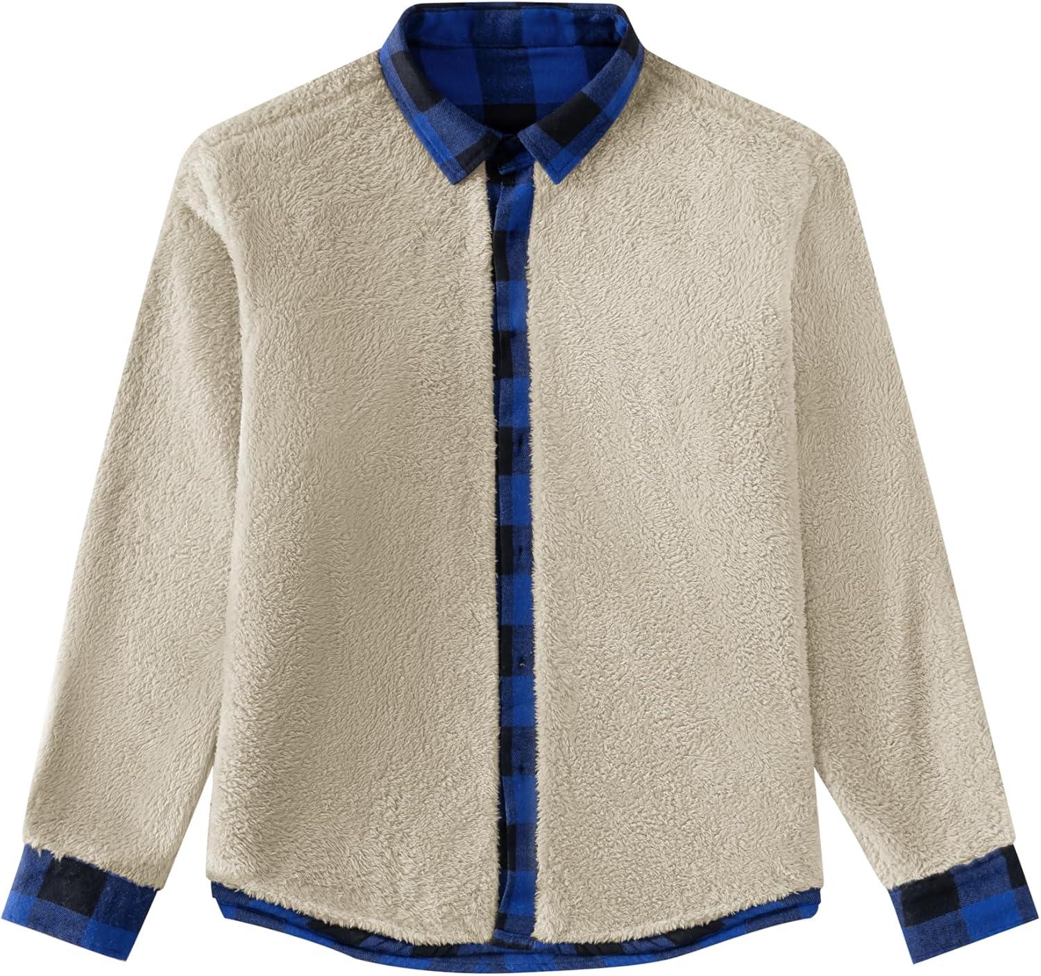 imageCOOFANDY Mens Sherpa Lined Flannel Shirt Jacket Long Sleeve Button Up Fleece Plaid ShirtsBlueBlack