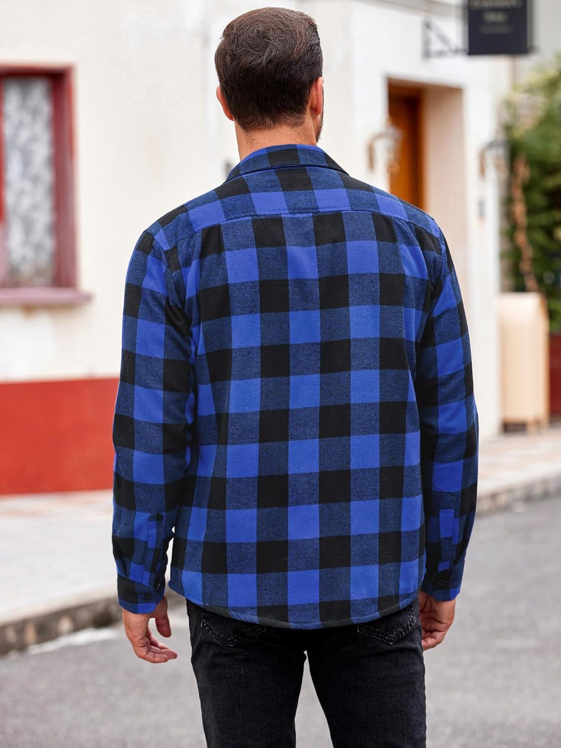 imageCOOFANDY Mens Sherpa Lined Flannel Shirt Jacket Long Sleeve Button Up Fleece Plaid ShirtsBlueBlack