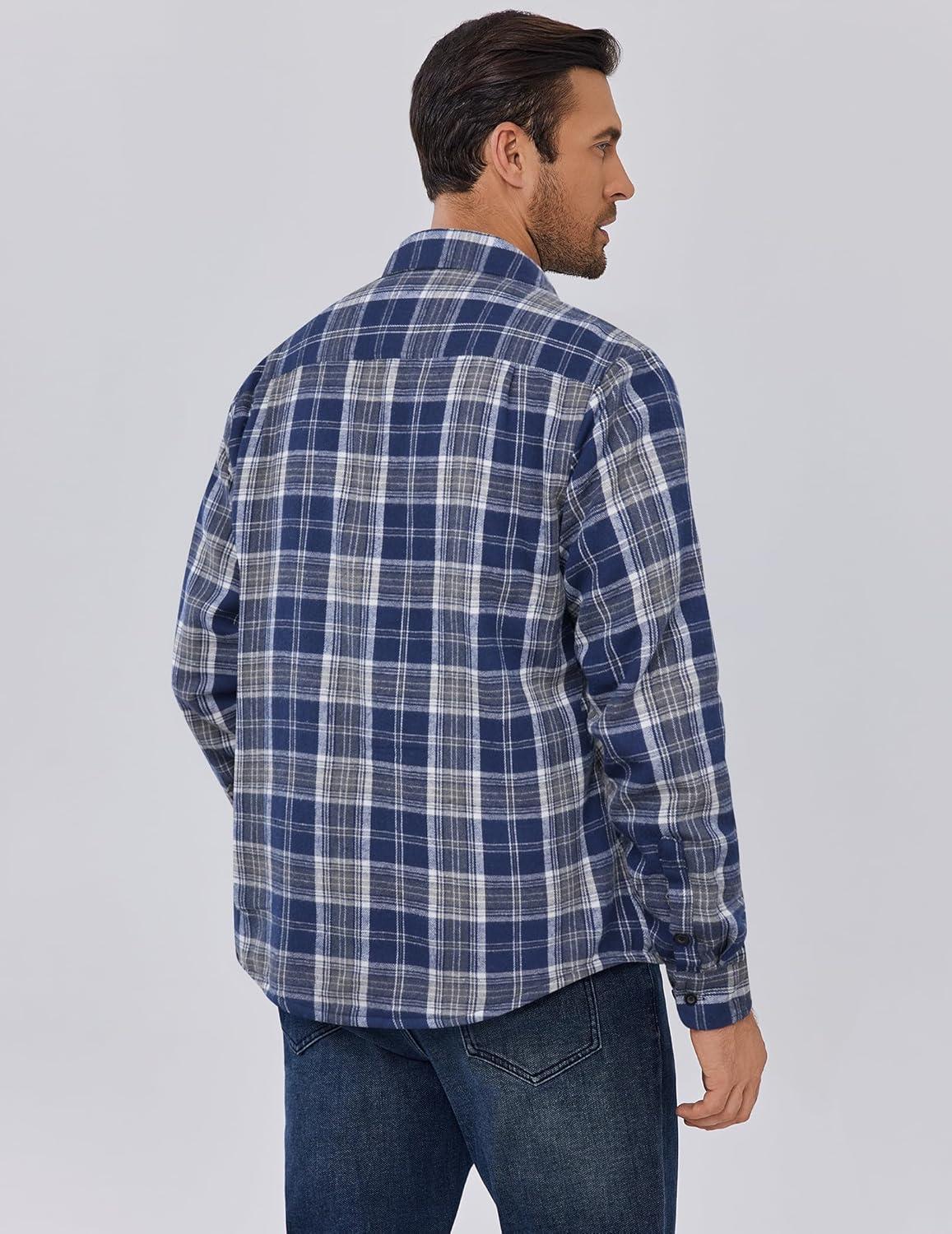 imageCOOFANDY Mens Sherpa Lined Flannel Shirt Jacket Long Sleeve Button Up Fleece Plaid ShirtsDark Blue