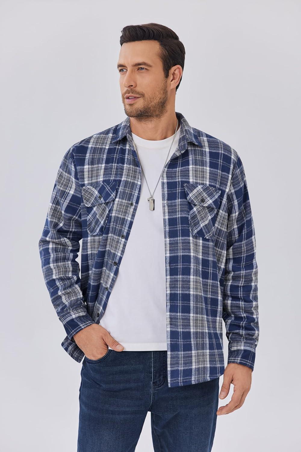 imageCOOFANDY Mens Sherpa Lined Flannel Shirt Jacket Long Sleeve Button Up Fleece Plaid ShirtsDark Blue